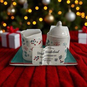 Christmas Holiday Sugar and Creamer Set With Tray White/Blue Holiday Berries NEW
